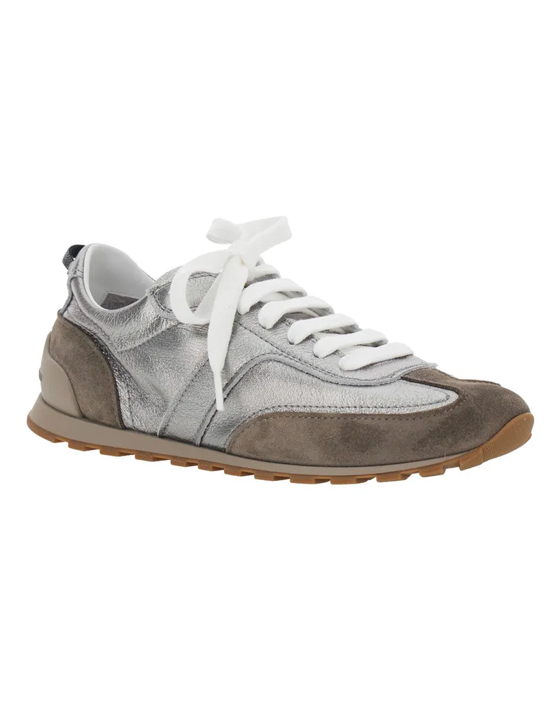 Brunello Cucinelli Women's Low Top Sneakers Grey Leather And Suede Trainers Gray