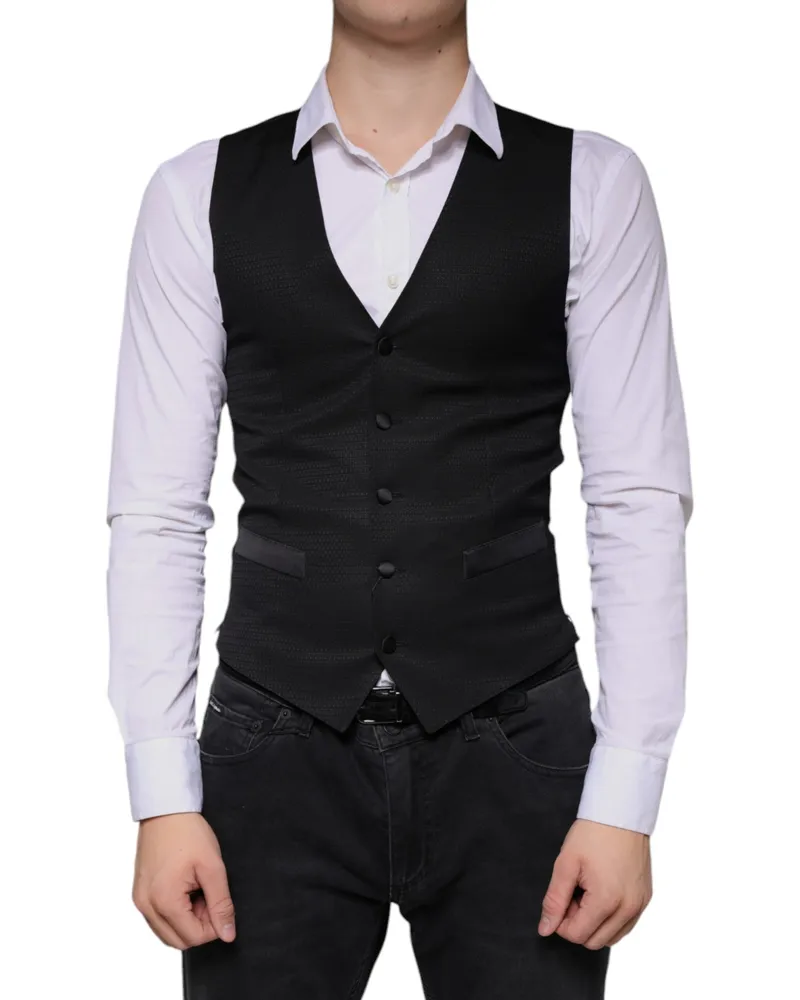 Dolce & Gabbana Men Black Wool Waistcoat Dress Formal Vest Viscose Silk Polyester Black