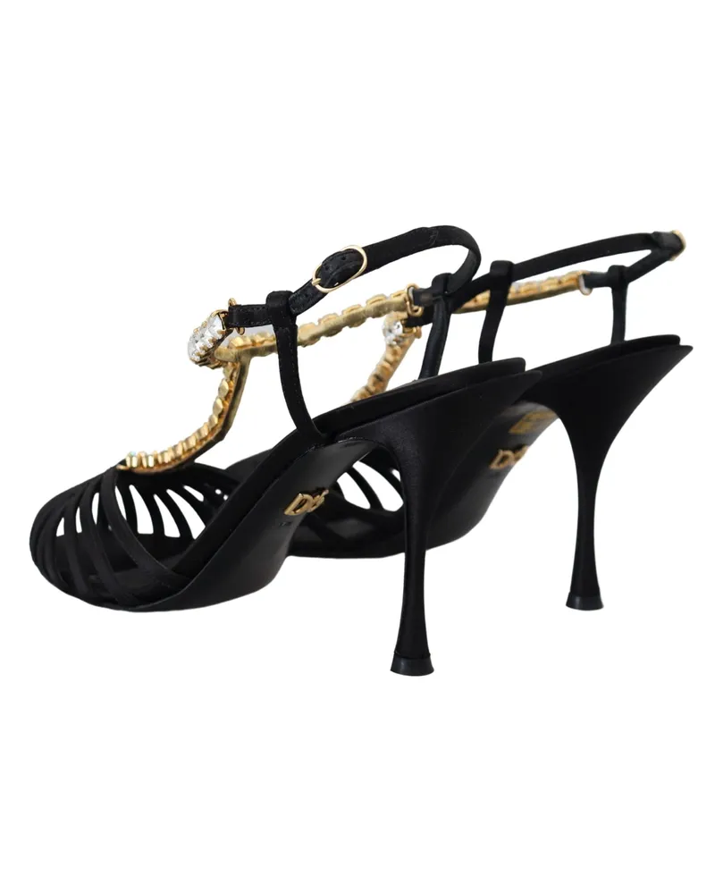 Dolce & Gabbana Women's Black Satin Clear Crystal T-Strap Sandal Shoes Silk Black