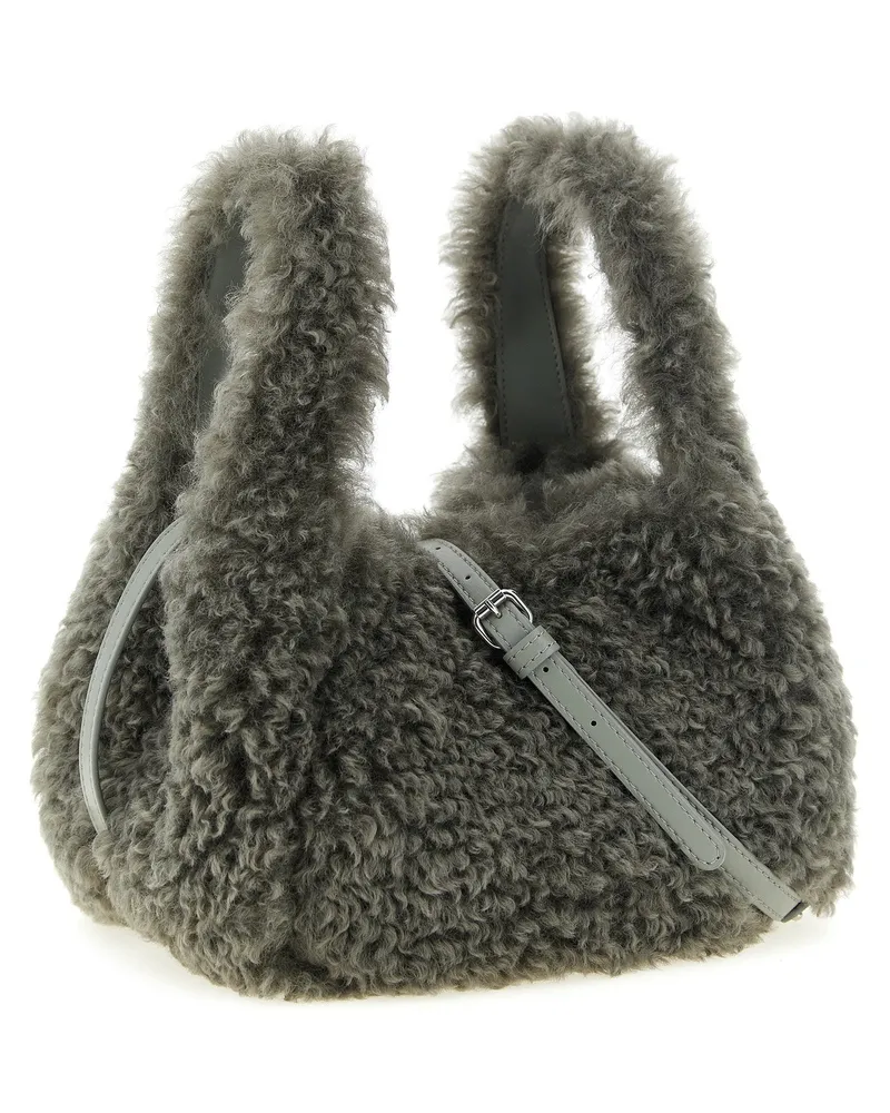 Stella McCartney Shearling Logo Embroidered Shoulder Bag — Gray Gray