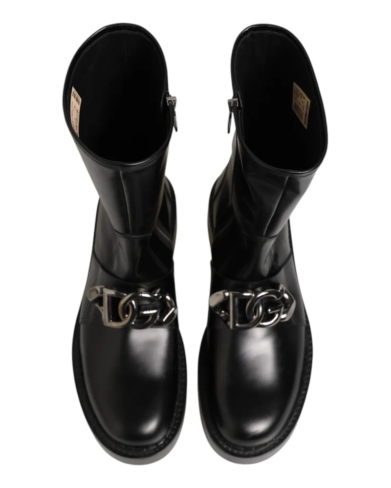Dolce & Gabbana Men's Black Logo Plaque Mid Calf Biker Boots Shoes 100lf Black