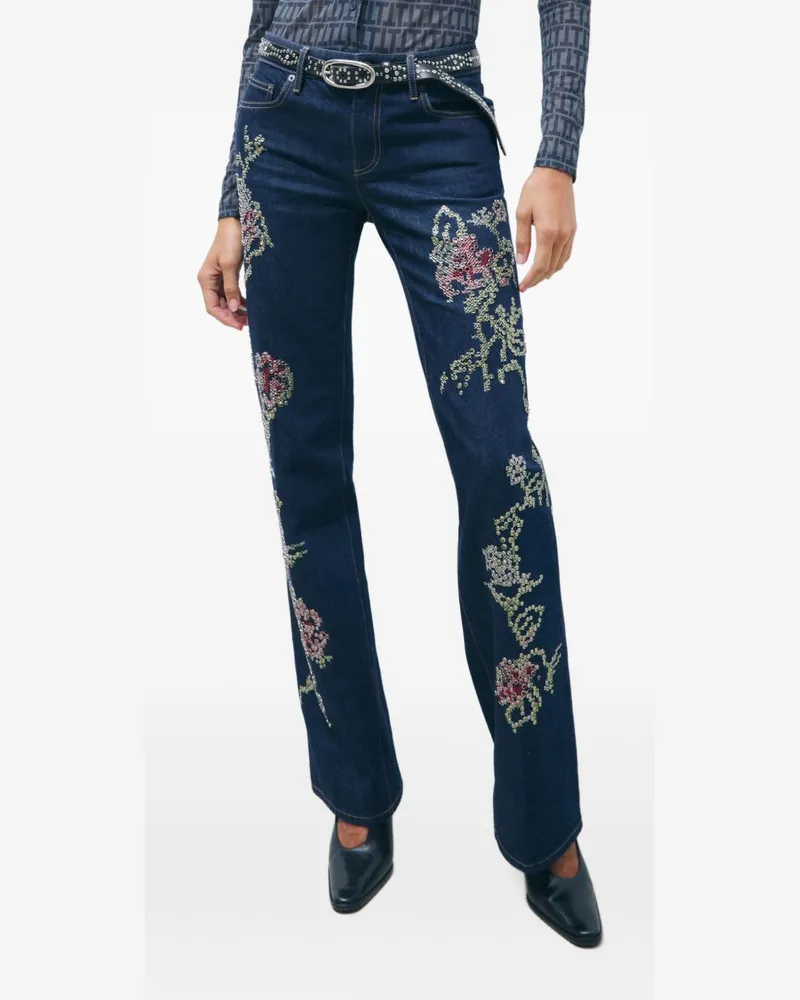 Tory Burch Floral Embroidered Jeans — Navy Navy