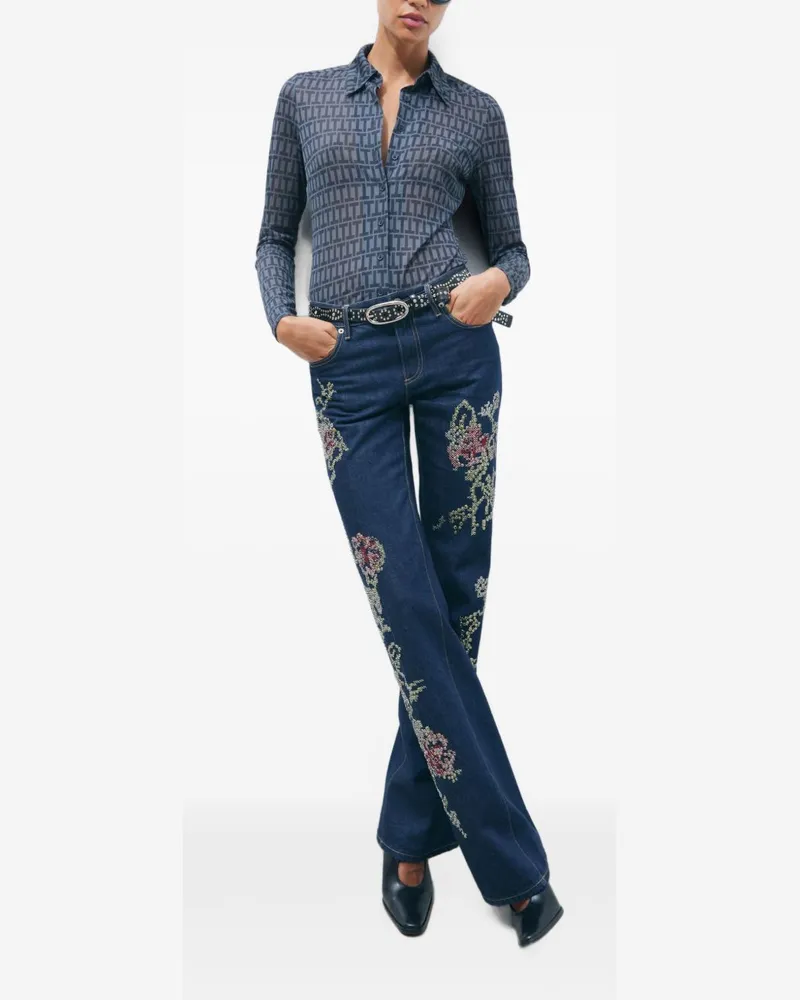 Tory Burch Floral Embroidered Jeans — Navy Navy