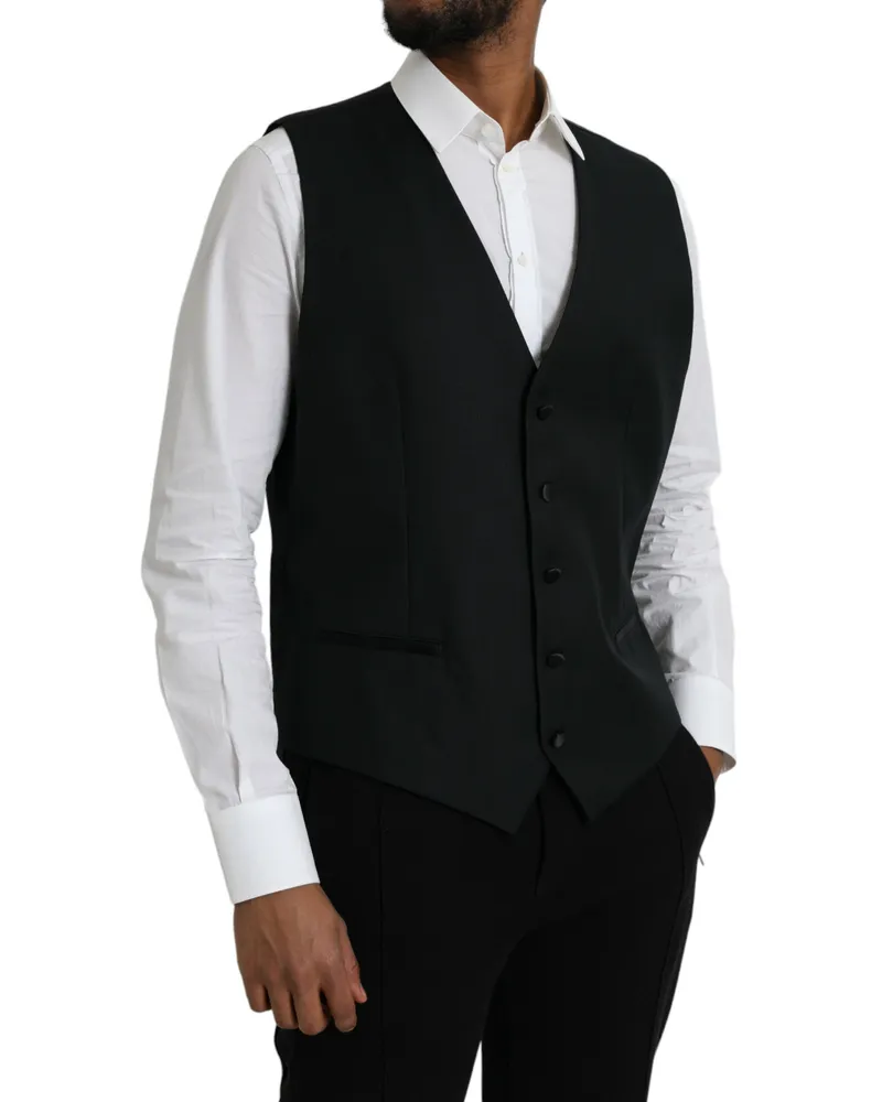Dolce & Gabbana Men's Black Wool Waistcoat Dress Formal Vest Silk Polyester Black