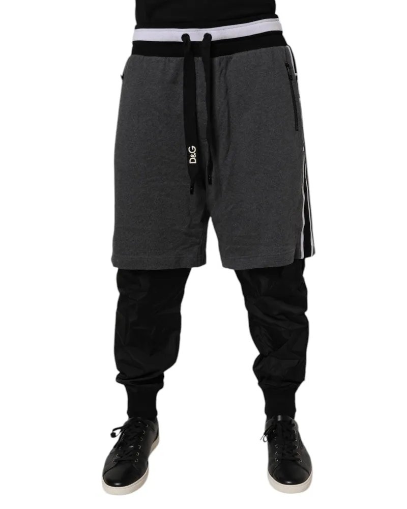 Dolce & Gabbana Black Gray Cotton Layered Men Sweatpants Pants And Nylon Black