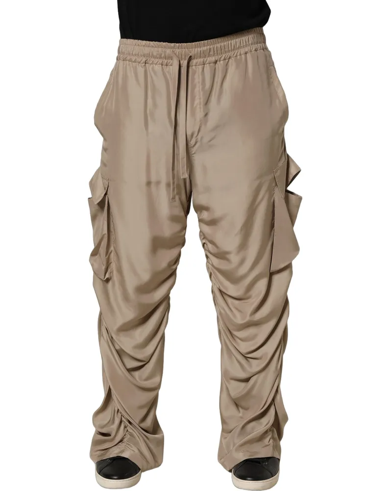 Dolce & Gabbana Brown Ruched Cargo Parachute Men Jogger Pants Silk Brown