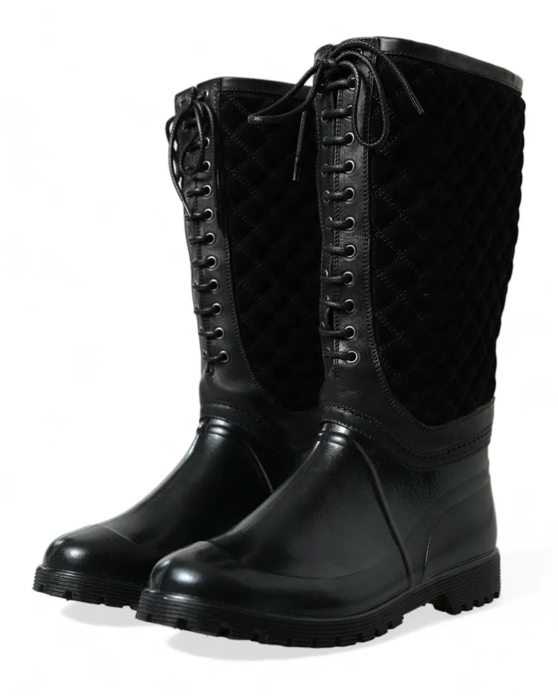 Dolce & Gabbana Men's Black Chioggia Rubber Suede Rain Boots Shoes Calfskin Leather Pvc Black