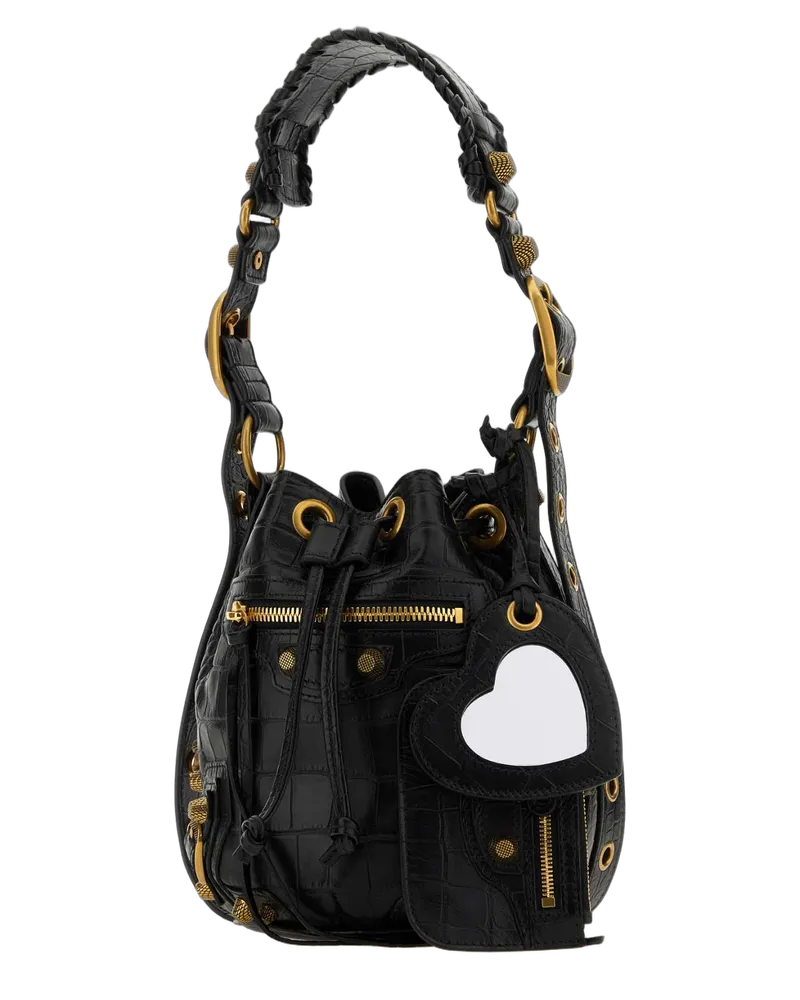 Balenciaga Crocodile-Embossed Calf Leather Bucket Bag — Black Black