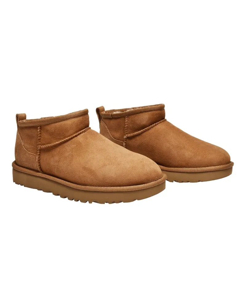 UGG Women's Classic Ultra Mini Ankle Boots Brown Leather Lambskin Shoes Brown