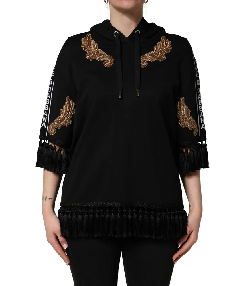 Dolce & Gabbana Women Black Embroidered Tassel Hooded Sweatshirt Sweater Cotton Clothing Black