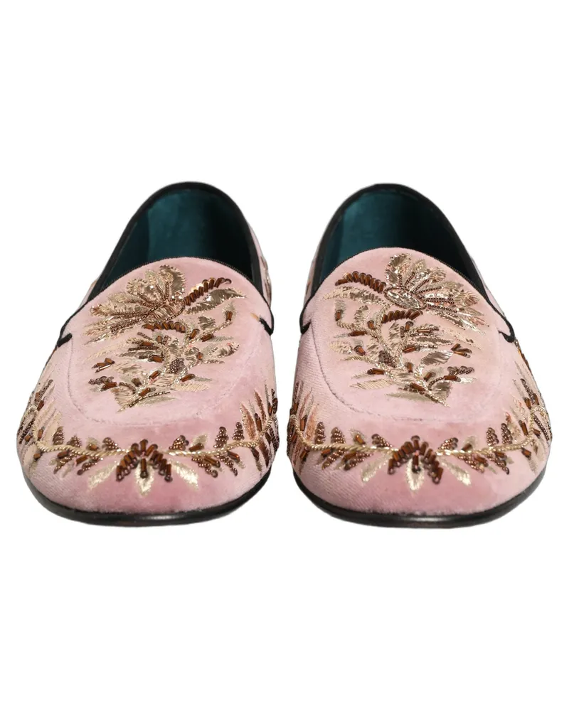 Dolce & Gabbana Men's Pink Velvet Floral Embroidery Loafers Shoes Leather Pink