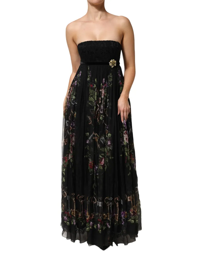 Dolce & Gabbana Women Black Floral Key Print Crystal Strapless Dress Polyester Black
