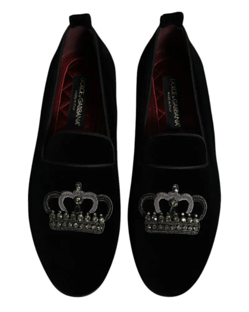 Dolce & Gabbana Men's Black Velvet Crystal Crown Loafers Formal Dress Shoes Cotton Black