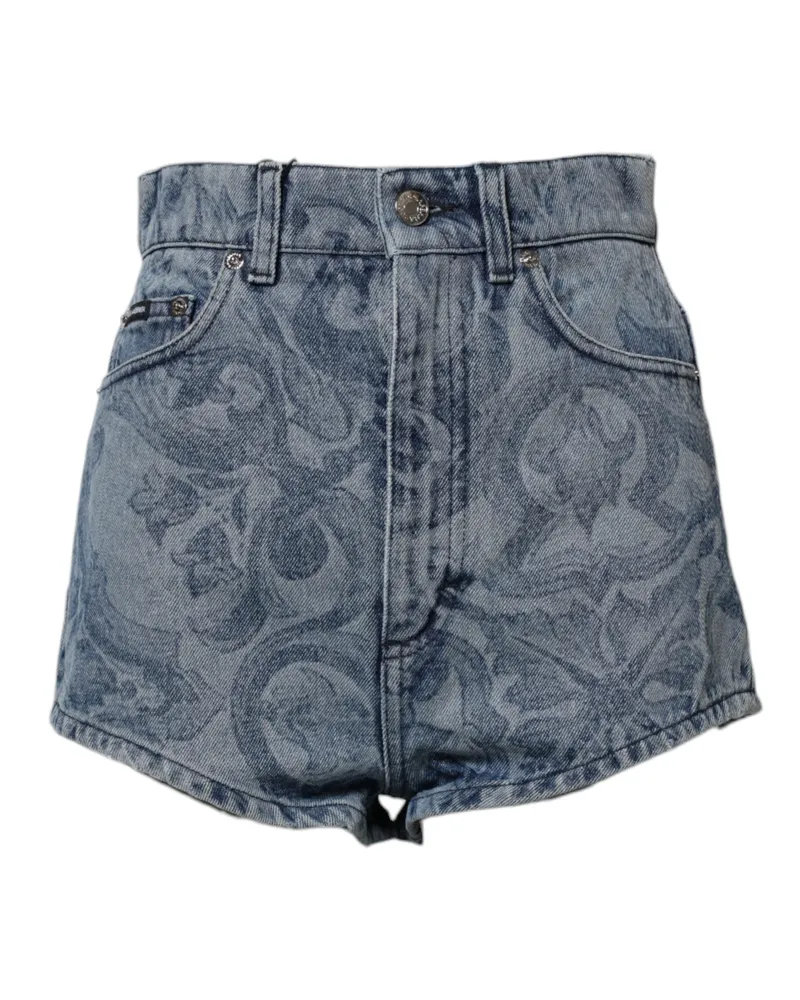 Dolce & Gabbana Women Blue Floral Print Denim Cotton Hot Pants Shorts Elastane Blue