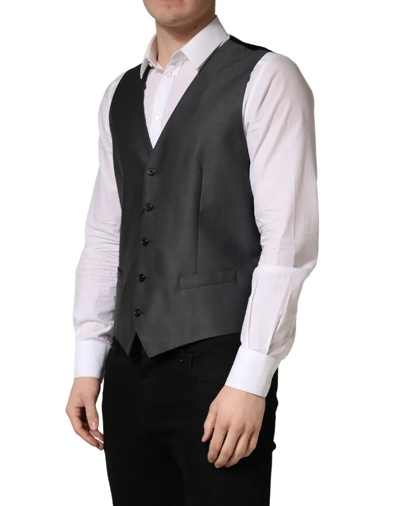 Dolce & Gabbana Dark Gray Single Breasted Men Waistcoat Vest Black Virgin Wool Silk Clothing Black
