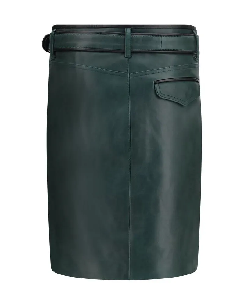 Marni Leaf-Embroidered Calf Leather Skirt — Green Green