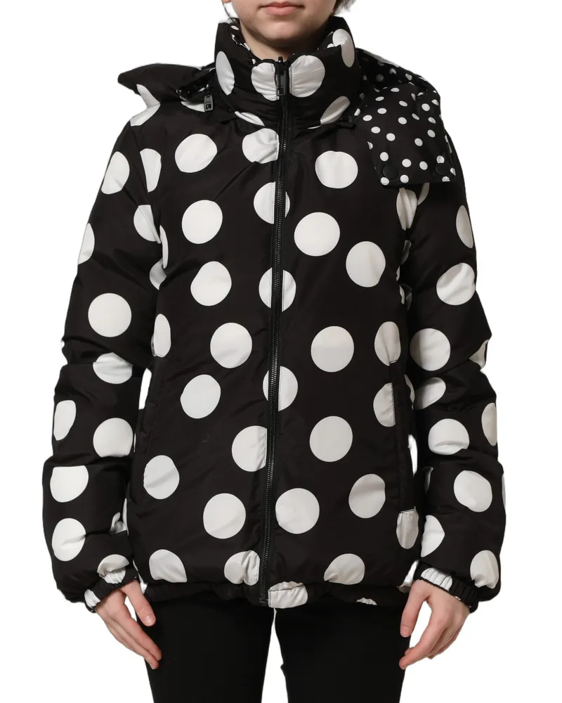 Dolce & Gabbana Women's Black White Polka Dot Hooded Blouson Jacket Polyester Clothing Black