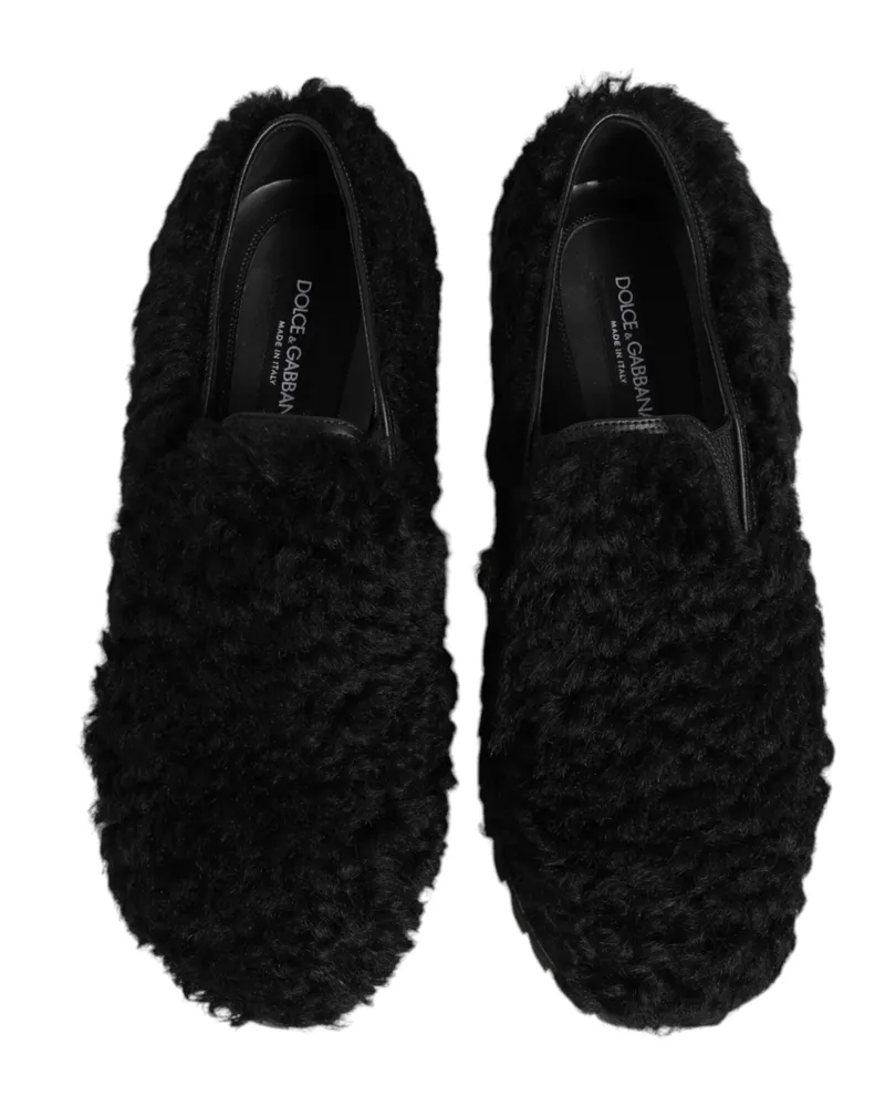Dolce & Gabbana Dress Black Fur Leather Slippers Men Shoes Lamb+17lf Black