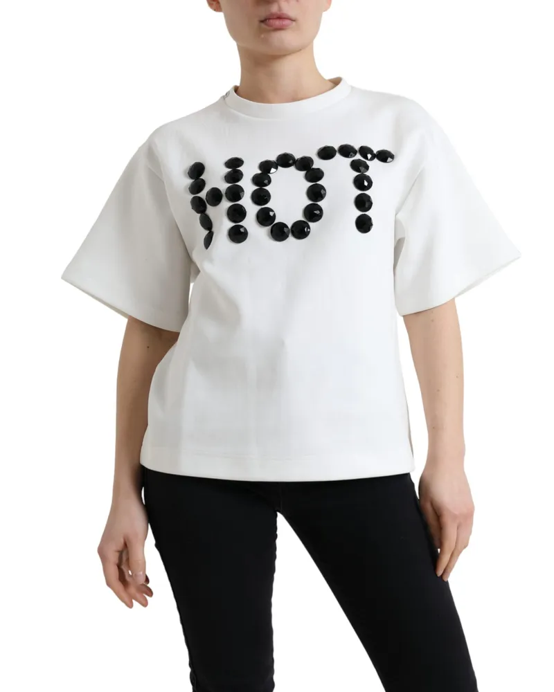 Dolce & Gabbana Women T-Shirt White Cotton Stretch Black Hot Crystal Polyester (stretch White