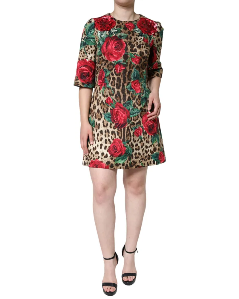 Dolce & Gabbana Women's Brown Leopard Red Roses Cotton A-Line Dress Silk Viscose Brown