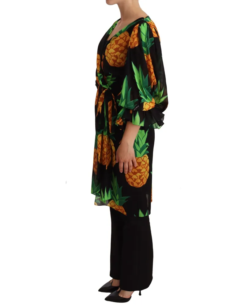 Dolce & Gabbana Women's Black Ananas Print Wrap Stretch Silk Dress Black