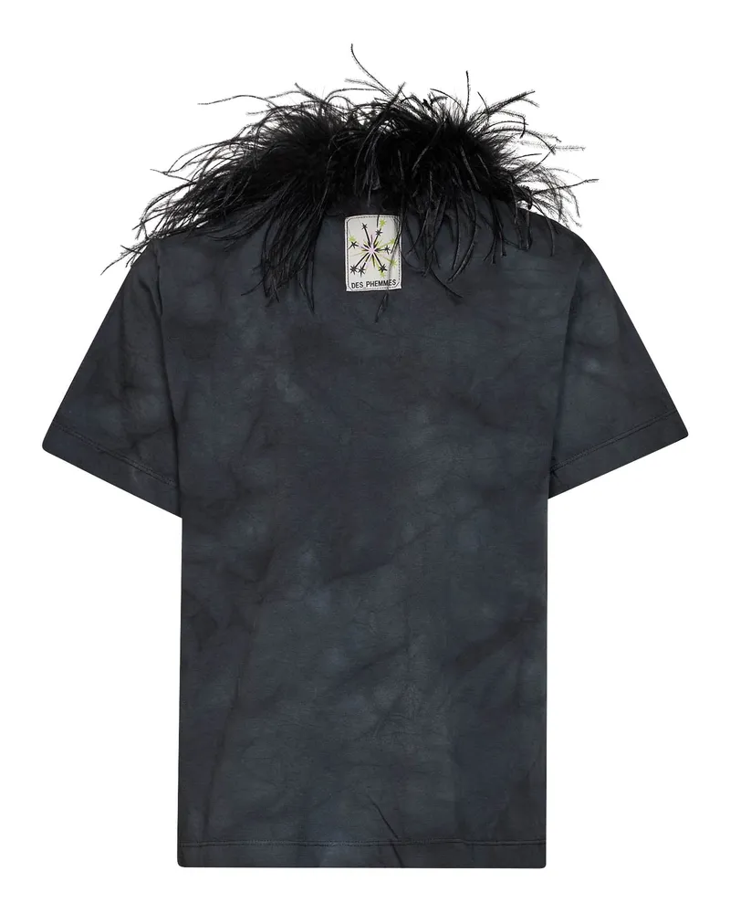 Des Phemmes Ostrich Feather Trim Tie-Dye Cotton T-Shirt — Black Black