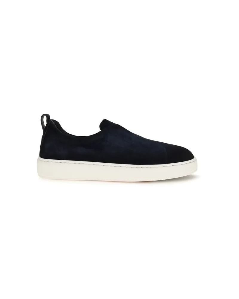 Santoni Men's Blue Calf Leather Bos Taurus Sneakers Navy