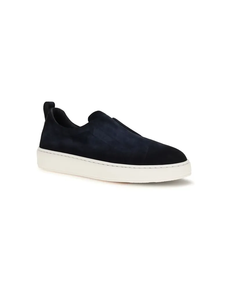 Santoni Men's Blue Calf Leather Bos Taurus Sneakers Navy