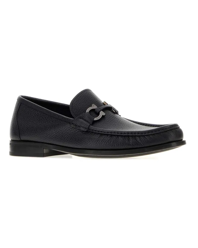 Ferragamo Men's Black Leather Grandioso Loafers Navynero Mocassini Black