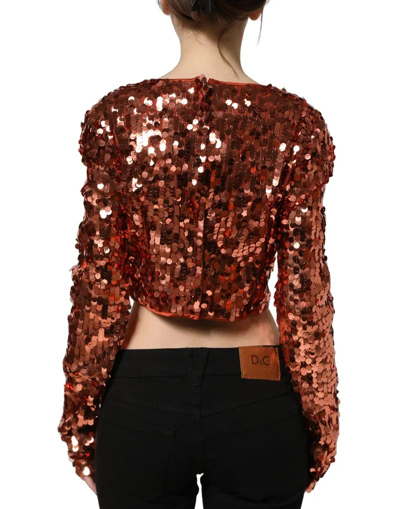 Dolce & Gabbana Women's Red Sequined Long Sleeves Crop Blouse Top Nylon Red