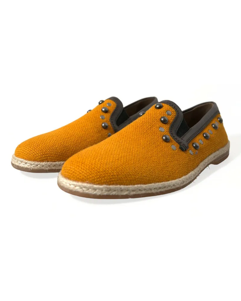 Dolce & Gabbana Men's Orange Linen Leather Studded Loafers Shoes Orange