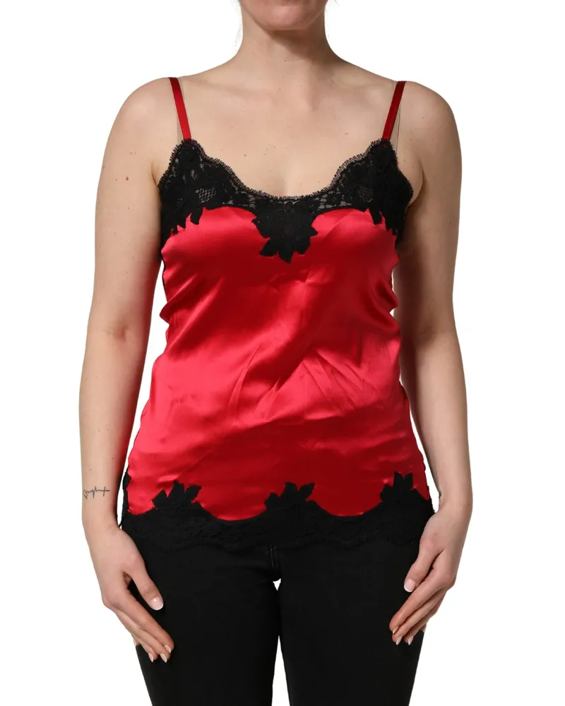 Dolce & Gabbana Women's Red Silk Lace Trim Camisole Sleeveless Tank Top Black And Elastane Red