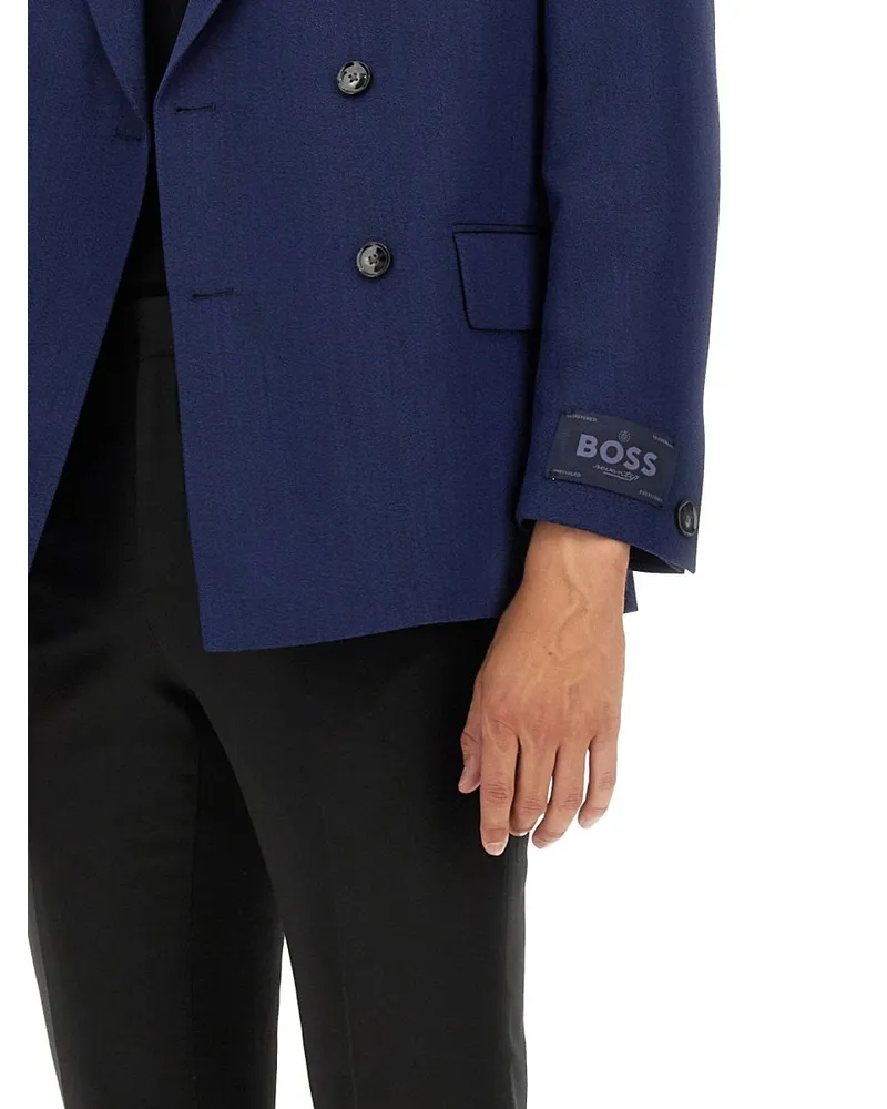 HUGO BOSS Double-Breasted Virgin Wool Jacket — Blue Blue