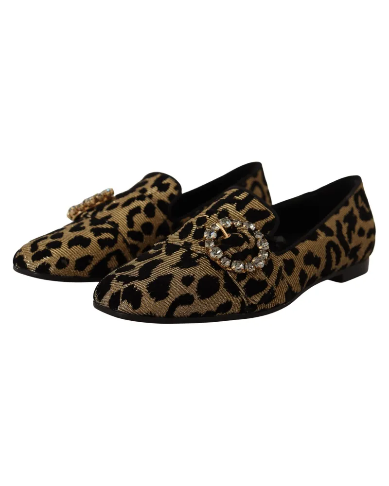 Dolce & Gabbana Women's Gold Leopard Print Crystals Loafers Shoes Brown Cotton 10 % Viscose Gold