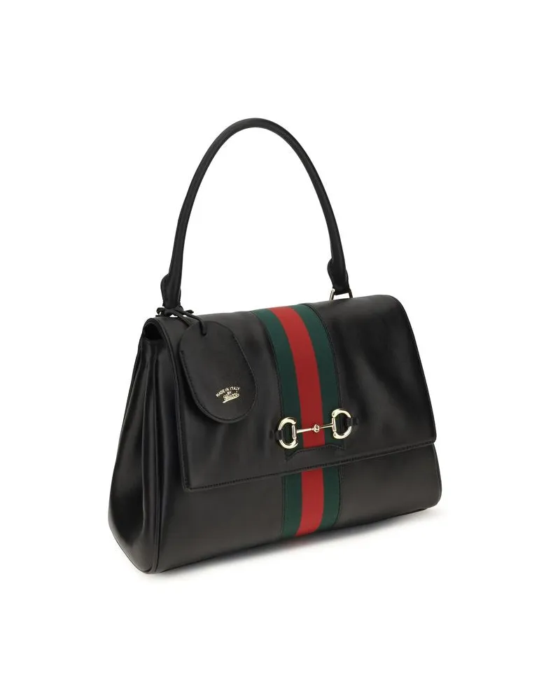 Gucci Women's Web-Stripe Leather Top Handle Bag Black Calf Bos Black