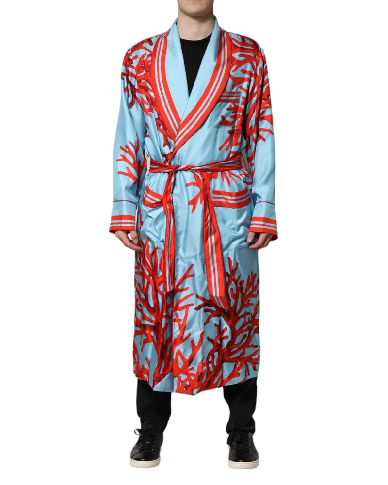 Dolce & Gabbana Silk Coral Print Wrap Coat — Blue Blue