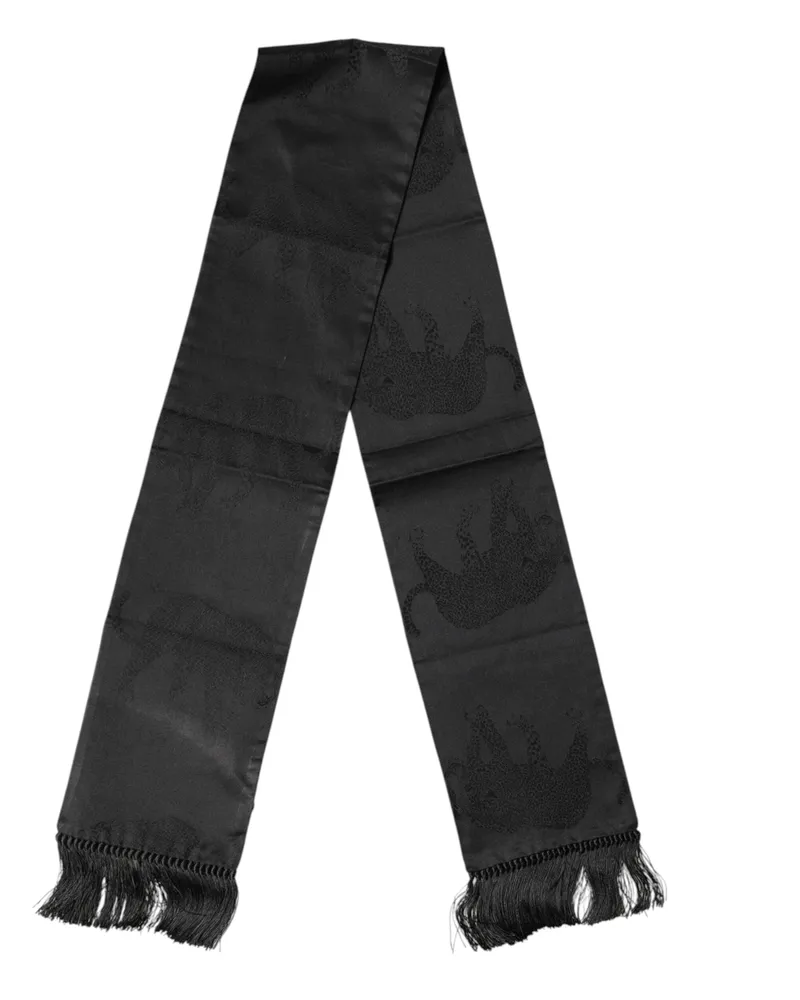 Dolce & Gabbana Men's Black Satin Silk Fringes Neck Foulard Scarf Black