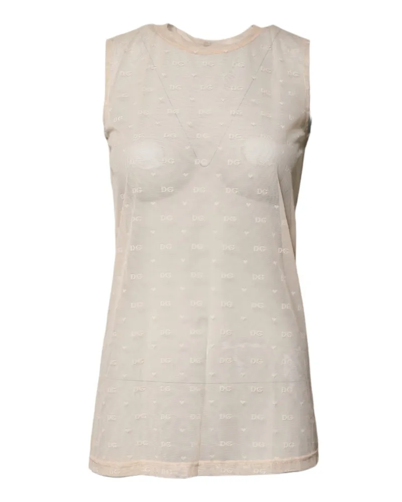 Dolce & Gabbana Women Ivory Nylon Logo See Through Sleeveless Tank Top Off White Elastane White