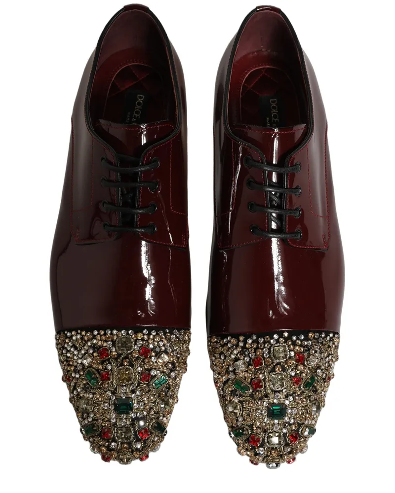 Dolce & Gabbana Men's Maroon Embellished Derby Dress Formal Shoes Black Leather Black