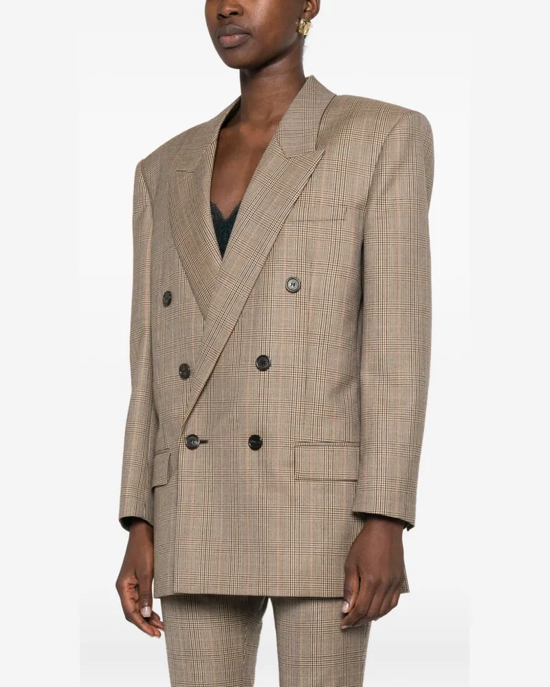 Saint Laurent Check Pattern Double-Breasted Blazer — beige Beige