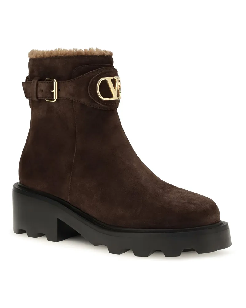 Valentino Garavani Women's Vlogo Signature Leather Ankle Boots Ebony Brown-Cammello Brown/cammello Brown