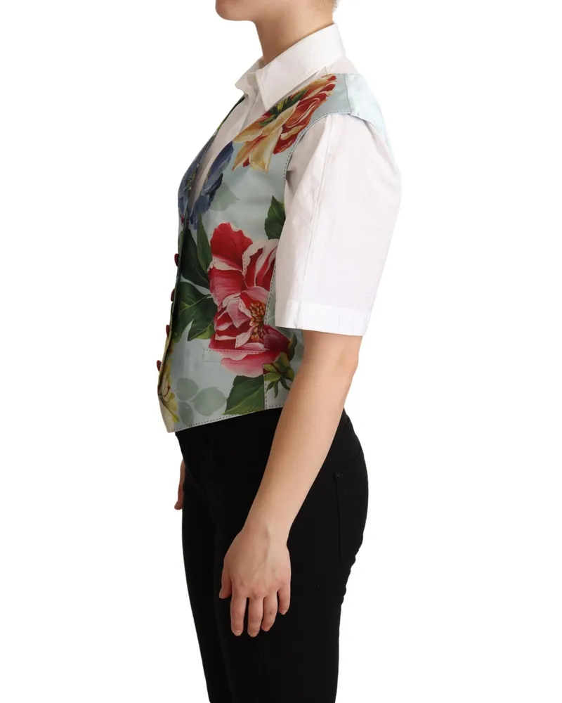 Dolce & Gabbana Women's Mint Green Floral Silk Waistcoat Vest Elastane Clothing Green