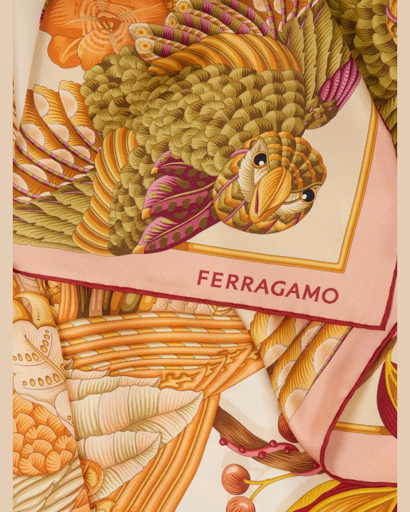 Ferragamo Parrot and Gancini Print Silk Scarf — Orange Orange