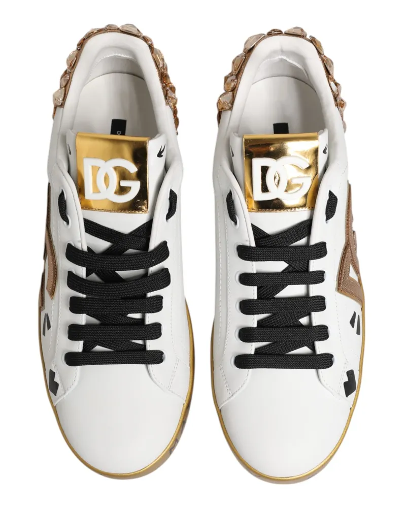 Dolce & Gabbana Men's White Gold Crystal Portofino Sneakers Shoes Calfskin Leather White
