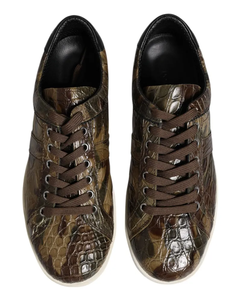 Dolce & Gabbana Men's Brown Exotic Leather Low Top Sneakers Shoes Caiman Calfskin Brown