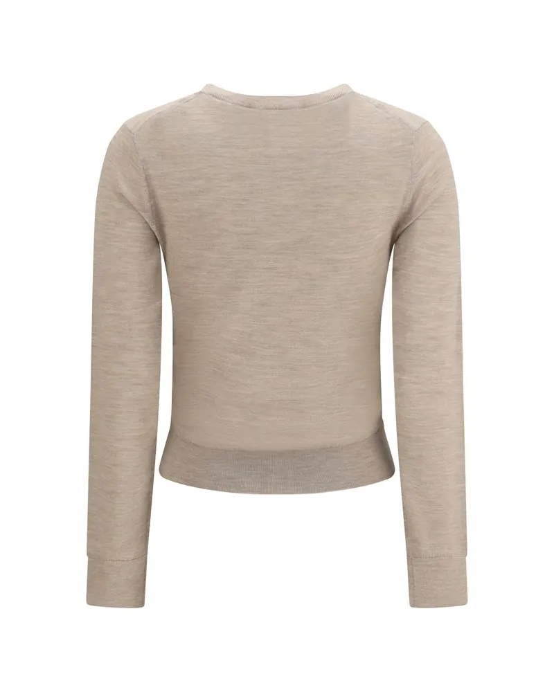 Tory Burch Embroidered Logo Wool Sweater — Beige Beige