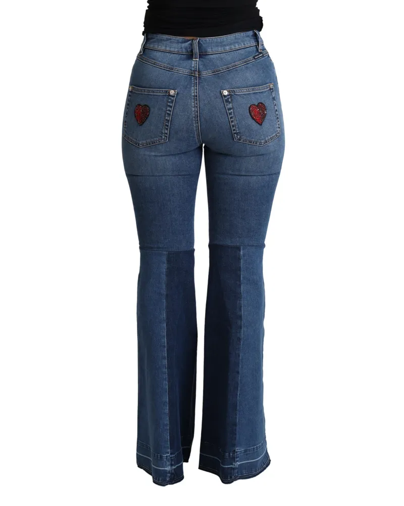 Dolce & Gabbana Women Blue Amore Patch Boot Cut Cotton Stretch Pant Elastane Blue