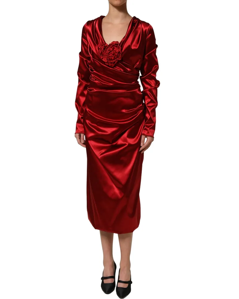 Dolce & Gabbana Women's Red Silk Satin Draped Midi Floral Applique Dress Elastane Red