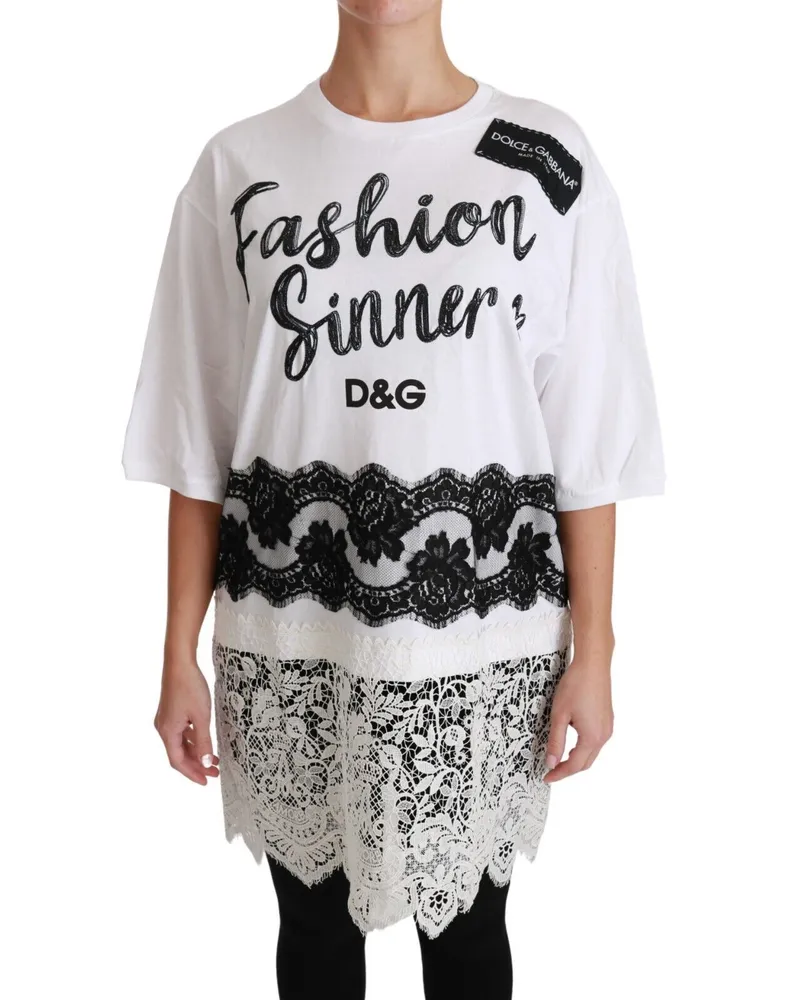 Dolce & Gabbana Women's Lace-Trimmed Logo-Print T-Shirt White Cotton Polyester Nylon White