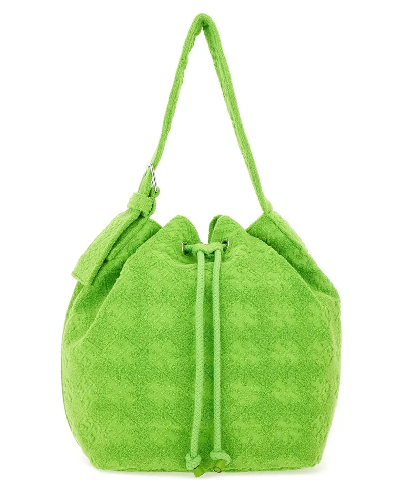 Tory Burch Women's Oversized T Monogram Bucket Bag Green Cotton Handbags Hand Green